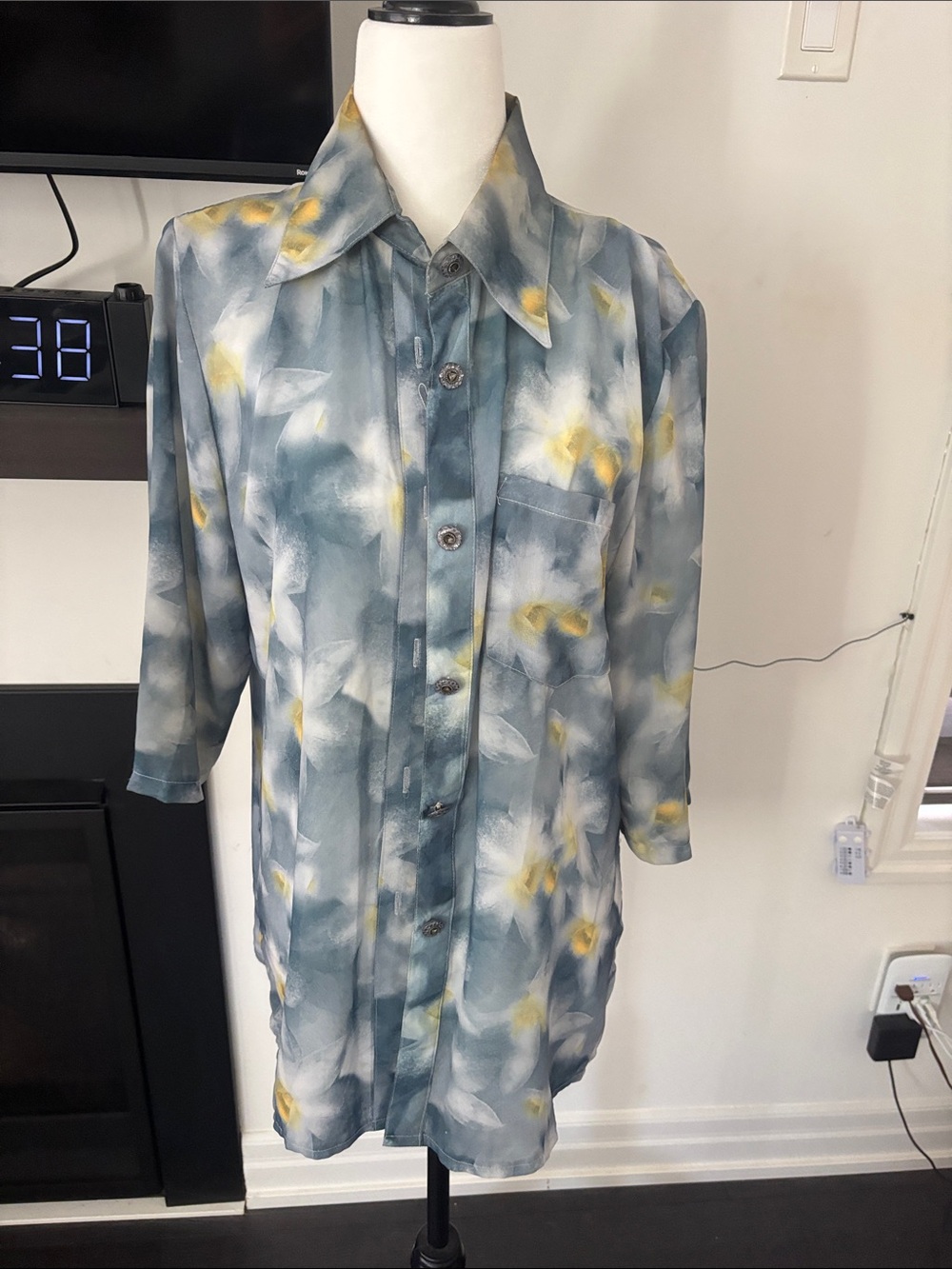 Blue Floral Button-Up blouse with Yellow Accent and sleeveless blouse underneath